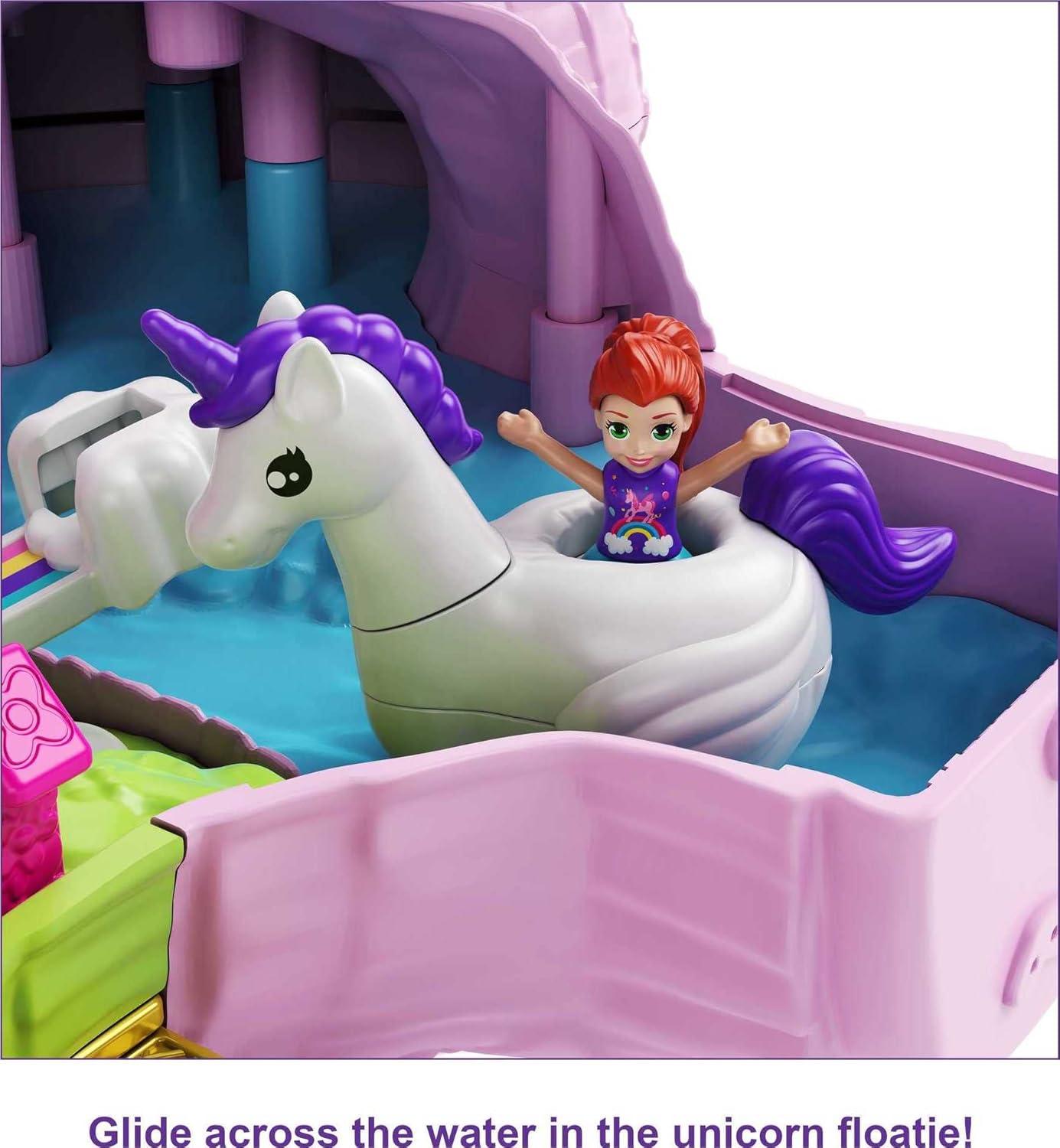 imagePolly Pocket 2in1 Travel Toy Playset Unicorn Toy with 2 Dolls amp 25 Surprise Accessories Unicorn Party Large Compact
