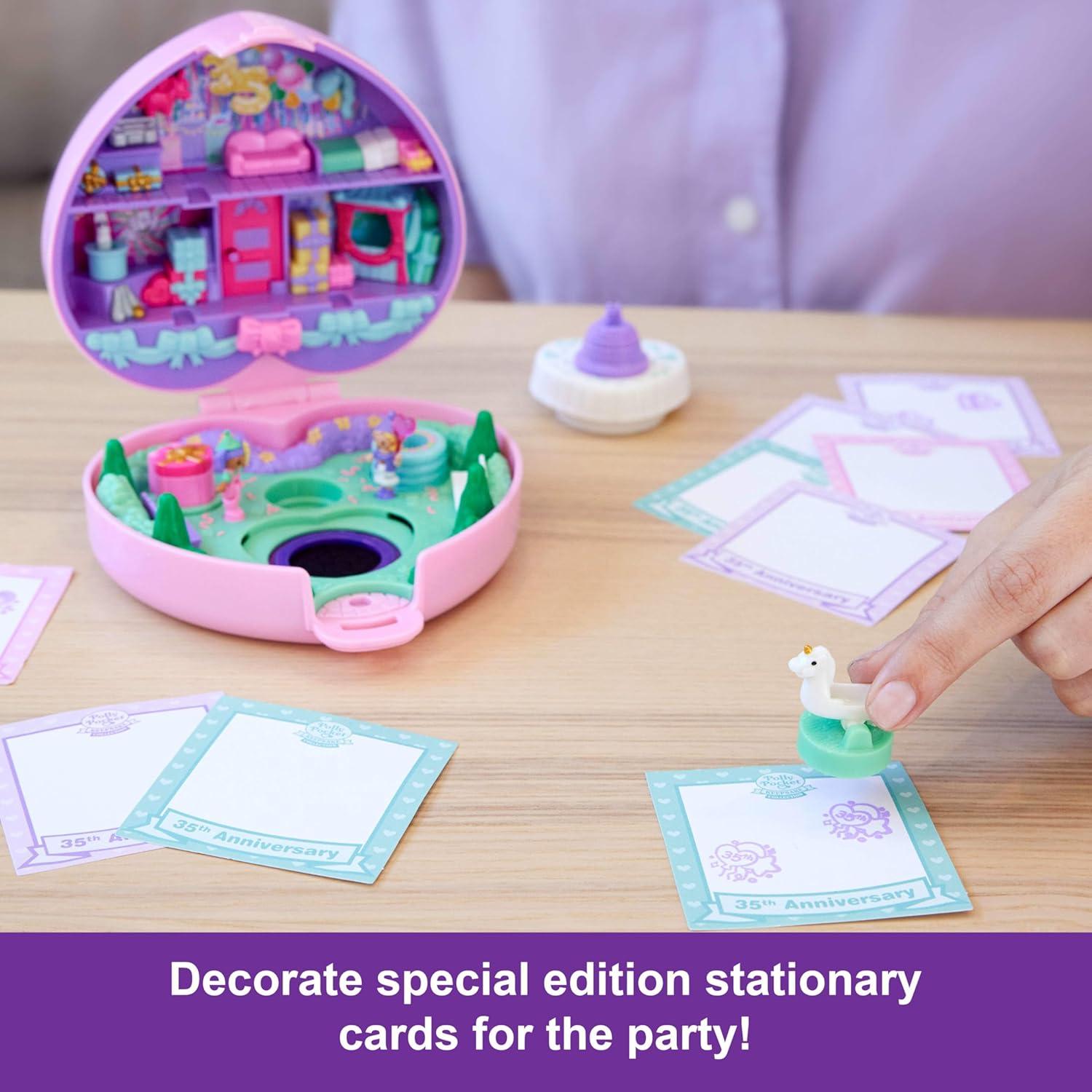imagePolly Pocket Dolls amp Playset Collector Heritage Compact 35th Birthday Partytime Stamper with 2 Micro Dolls 3 Party Stamps amp 12 Stationary Cards