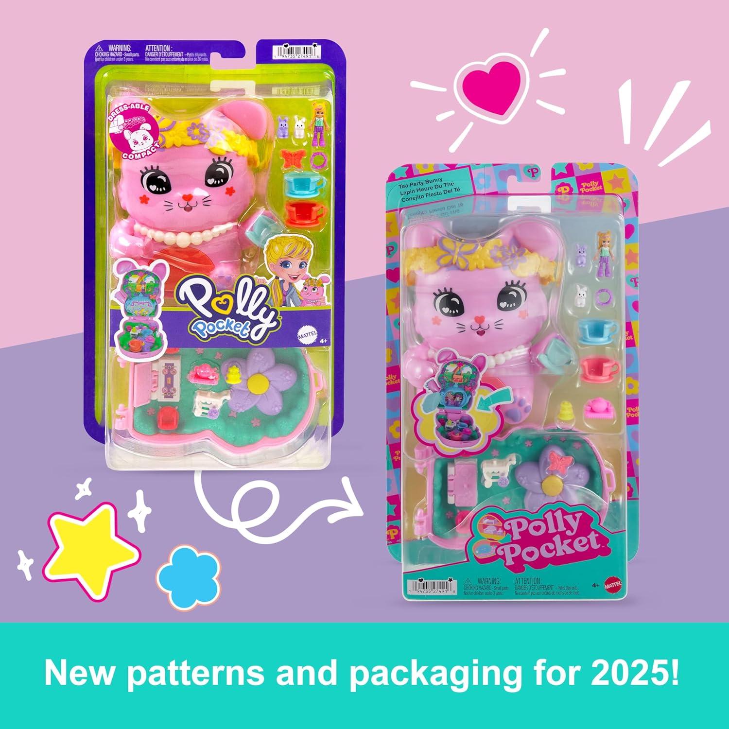 imagePolly Pocket Dolls and Playset Tea Party Bunny Compact Travel Toy with 1 Micro Doll Pet Bunnies Food amp Fashion Styling Accessories