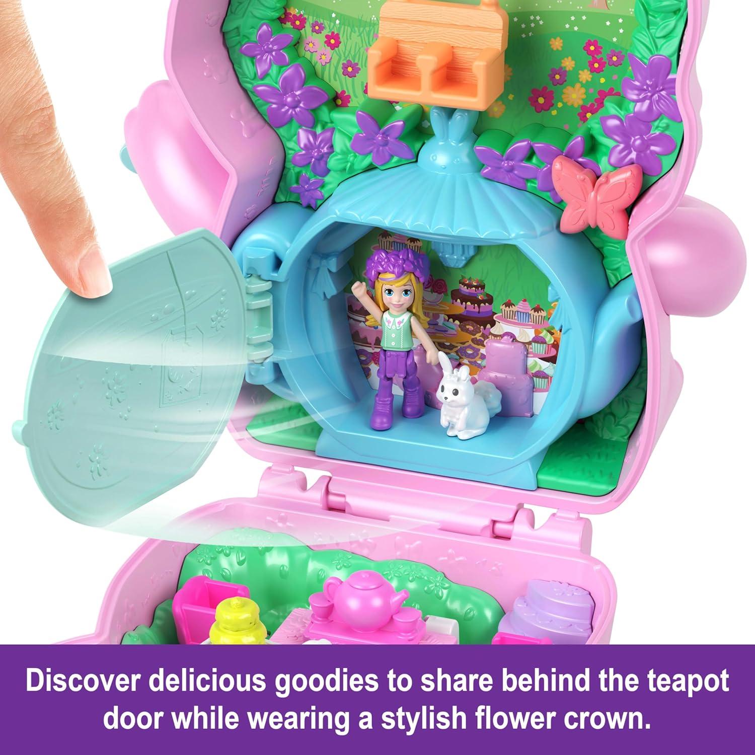 imagePolly Pocket Dolls and Playset Tea Party Bunny Compact Travel Toy with 1 Micro Doll Pet Bunnies Food amp Fashion Styling Accessories