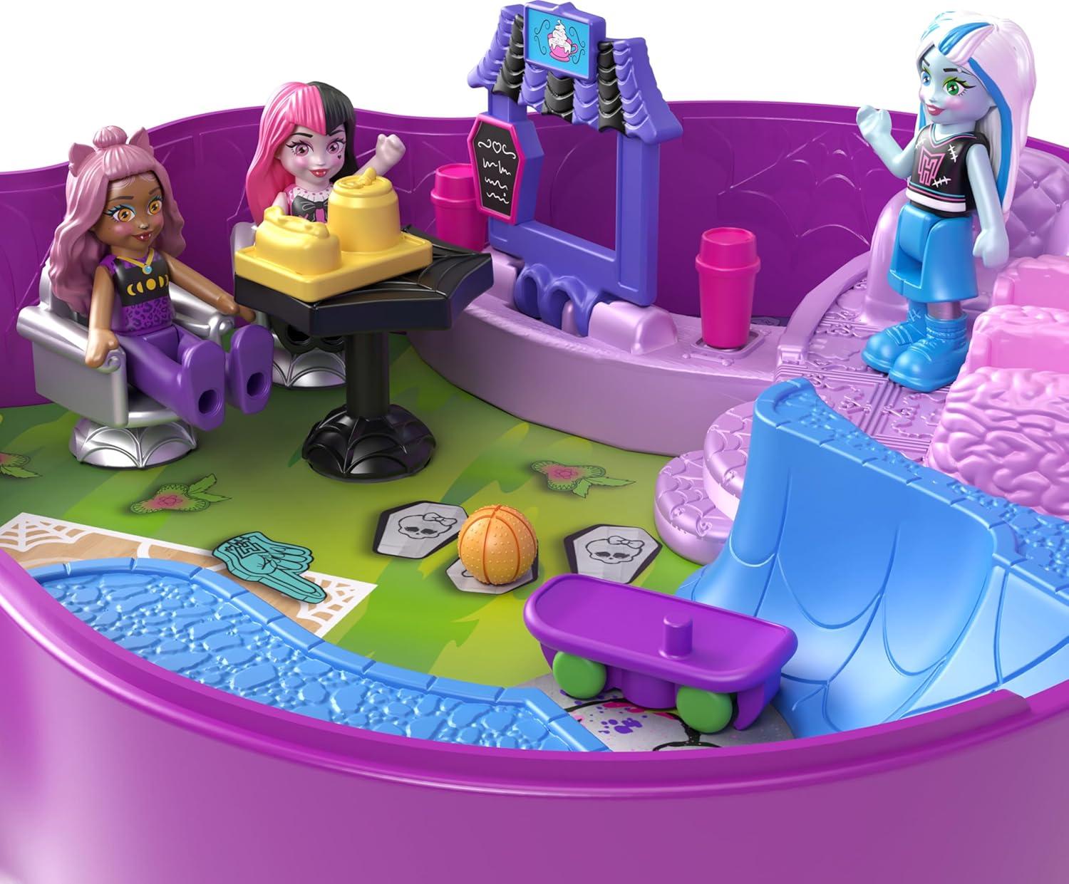 imagePolly Pocket Monster High Playset with 3 Micro Dolls amp 10 Accessories Opens to High School Collectible Travel Toy with StorageMulticolor
