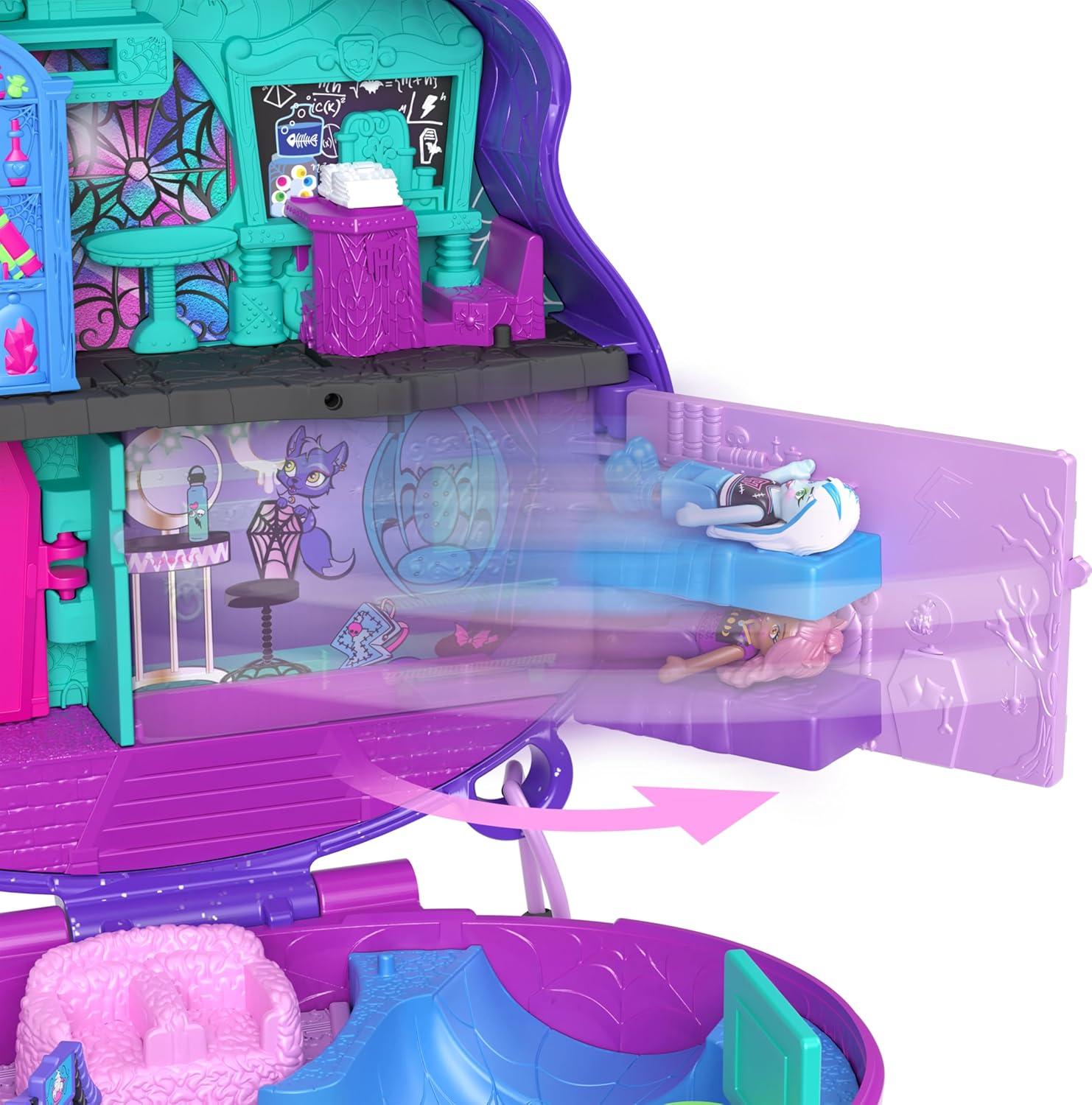 imagePolly Pocket Monster High Playset with 3 Micro Dolls amp 10 Accessories Opens to High School Collectible Travel Toy with StorageMulticolor