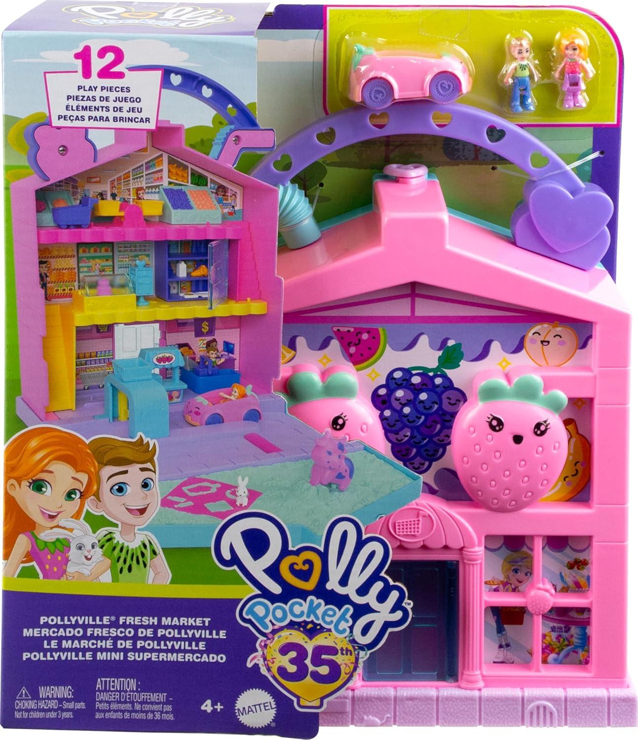 imagePolly Pocket Pollyville Fresh Market Dolls amp Playset Food Toy with 2 Micro Dolls 12 Accessories Include Toy Car amp PetStandard Packaging