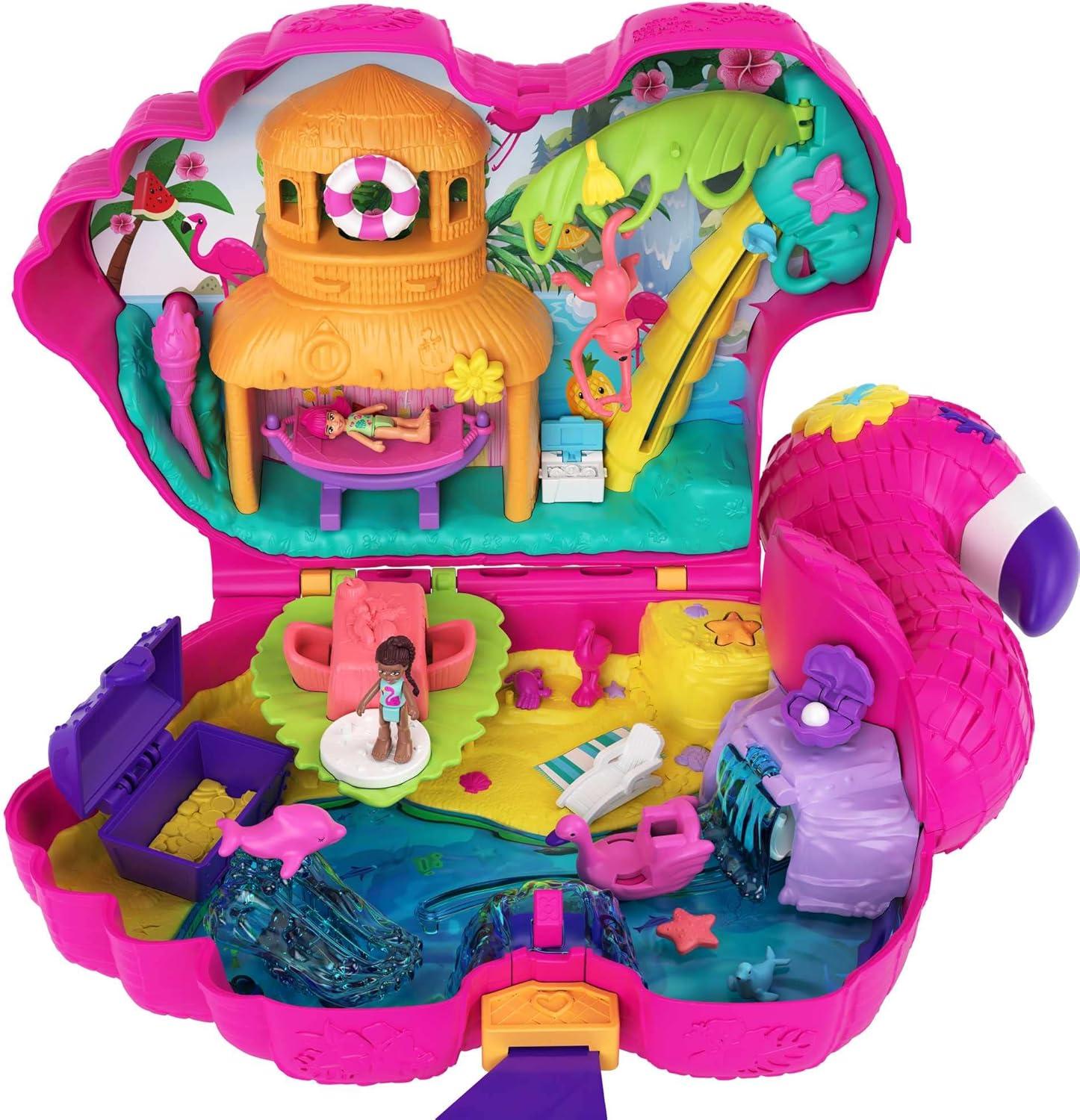imagePolly Pocket Travel Toy Flamingo Party Playset with 2 Micro Dolls amp 26 Surprise Accessories Animal Toy Compact