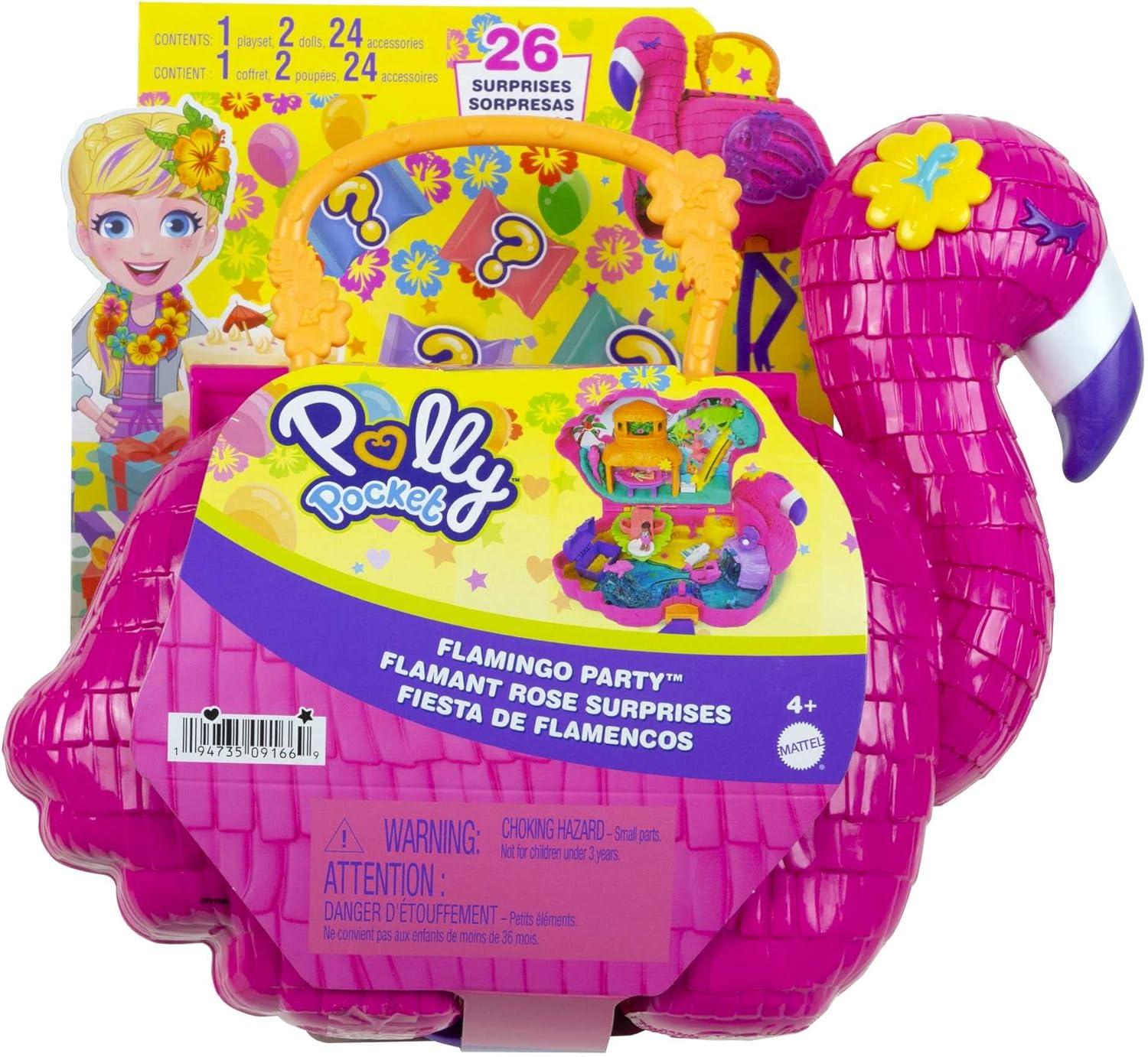 imagePolly Pocket Travel Toy Flamingo Party Playset with 2 Micro Dolls amp 26 Surprise Accessories Animal Toy Compact