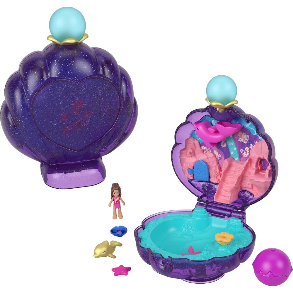 imagePolly Pocket Dolls amp Accessories Sparkle Beach Shell Compact with Micro Doll amp Ocean Pet Travel Toy with Water PlayLagoon
