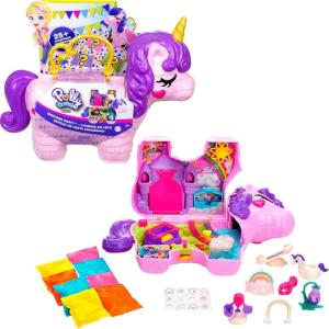 Polly Pocket 2-in-1 Travel Toy Playset, Unicorn Toy with 2 Dolls & 25 Surprise Accessories, Unicorn Party Large Compact