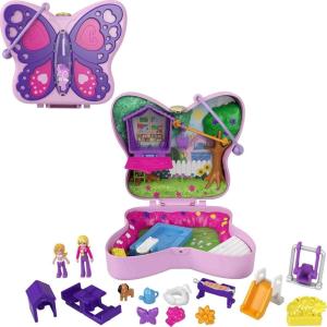 Polly Pocket Compact Playset, Backyard Butterfly with 2 Micro Dolls & Accessories, Travel Toys with Surprise Reveals(Butterfly)