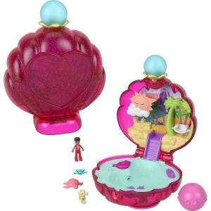 Polly Pocket Dolls & Accessories, Sparkle Beach Shell Compact with Micro Doll & Ocean Pet, Travel Toy with Water Play,(Beach)