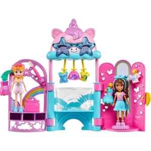 Polly Pocket Dolls & Playset, Unicorn Toy with 2 Dolls & 19 Fashion Accessories, Glam It Up Style Studio