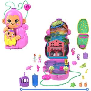 Polly Pocket Dolls & Playset with Pets & 13 Accessories, 2-in-1 Momma Monkey & Baby Wearable Purse & Animal Toy(Monkey)