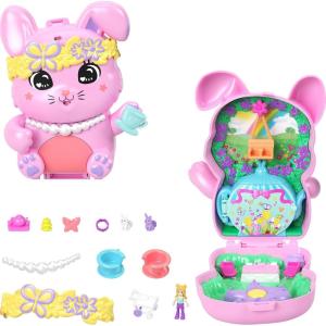 Polly Pocket Dolls and Playset, Tea Party Bunny Compact, Travel Toy with 1 Micro Doll, Pet Bunnies, Food & Fashion Styling Accessories