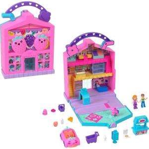 Polly Pocket Pollyville Fresh Market Dolls & Playset, Food Toy with 2 Micro Dolls, 12 Accessories Include Toy Car & Pet(Simplified Packaging)
