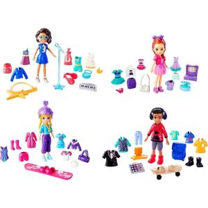 Polly Pocket Travel Toy Playset with Four (3-inch) Dolls and 40+ Fashion Accessories, Themed Characters Fashion Pack