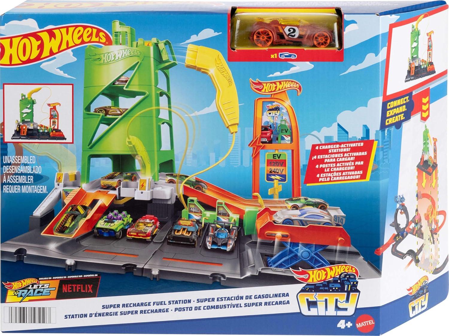 imageHot Wheels City Track Set Super Recharge Fuel Station Playset with EV Chargers amp 164 Scale Toy Car