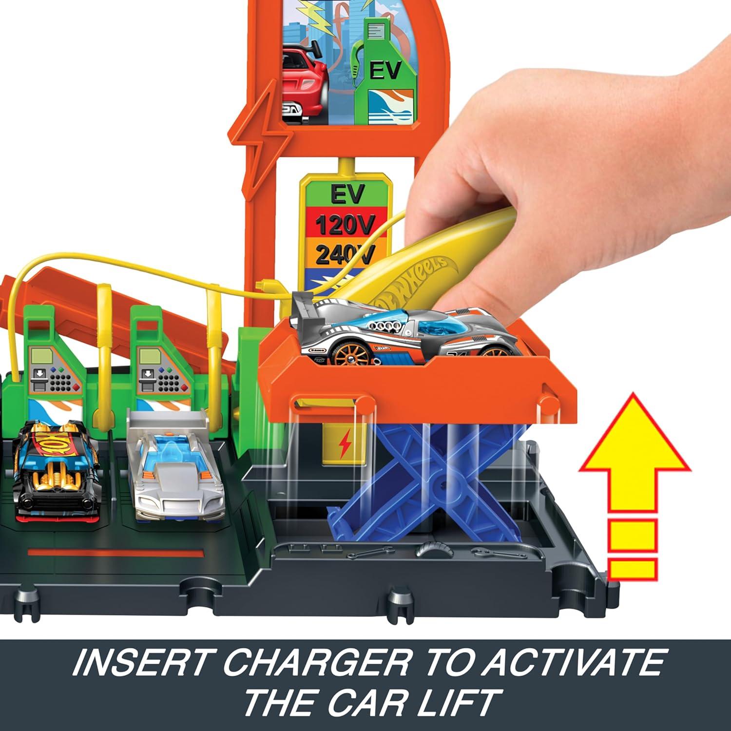 imageHot Wheels City Track Set Super Recharge Fuel Station Playset with EV Chargers amp 164 Scale Toy Car