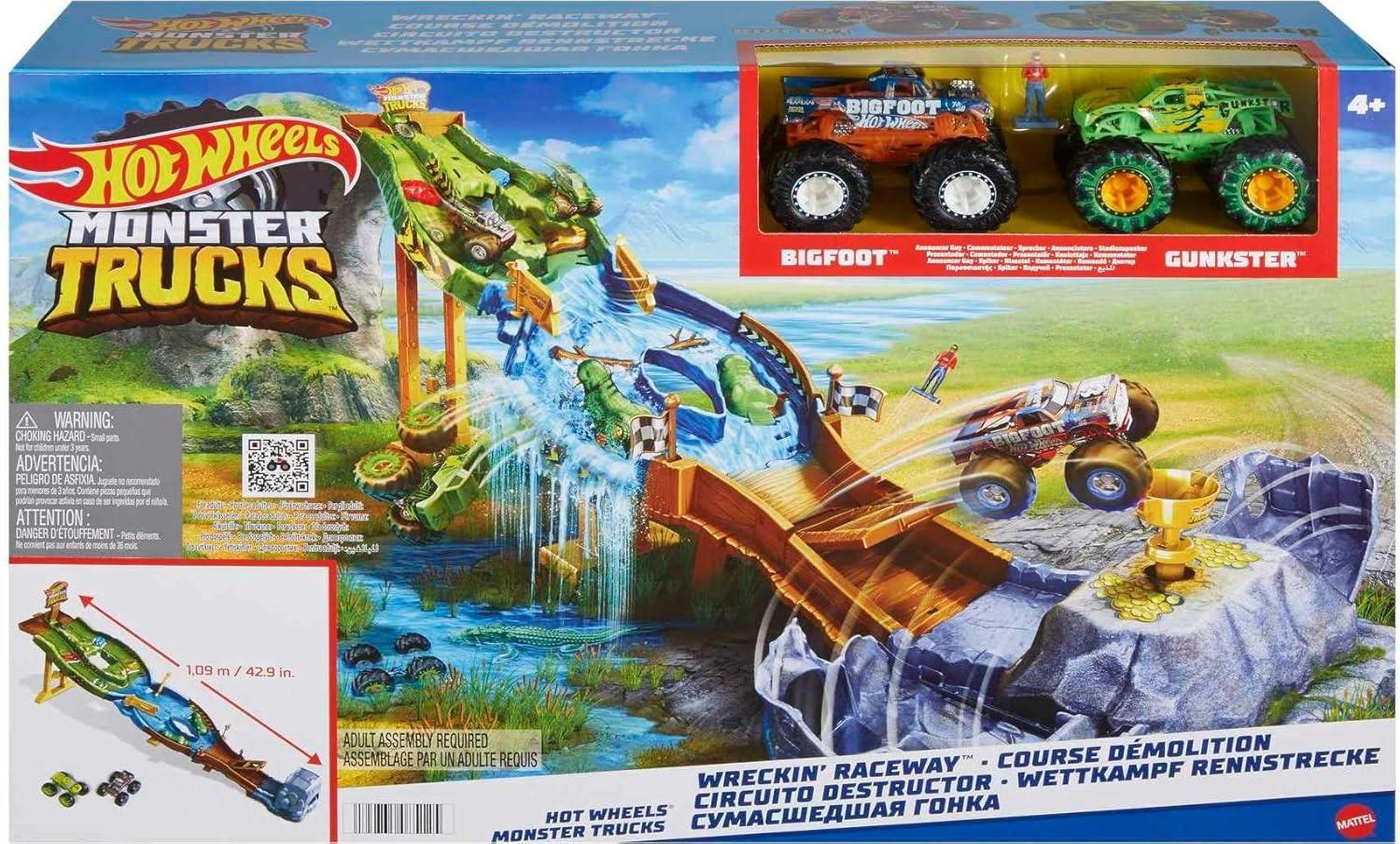imageHot Wheels Monster Trucks Playset with Monster Trucks Bigfoot amp Gunkster Convenient Storage Wreckin RacewayRaceway Playset