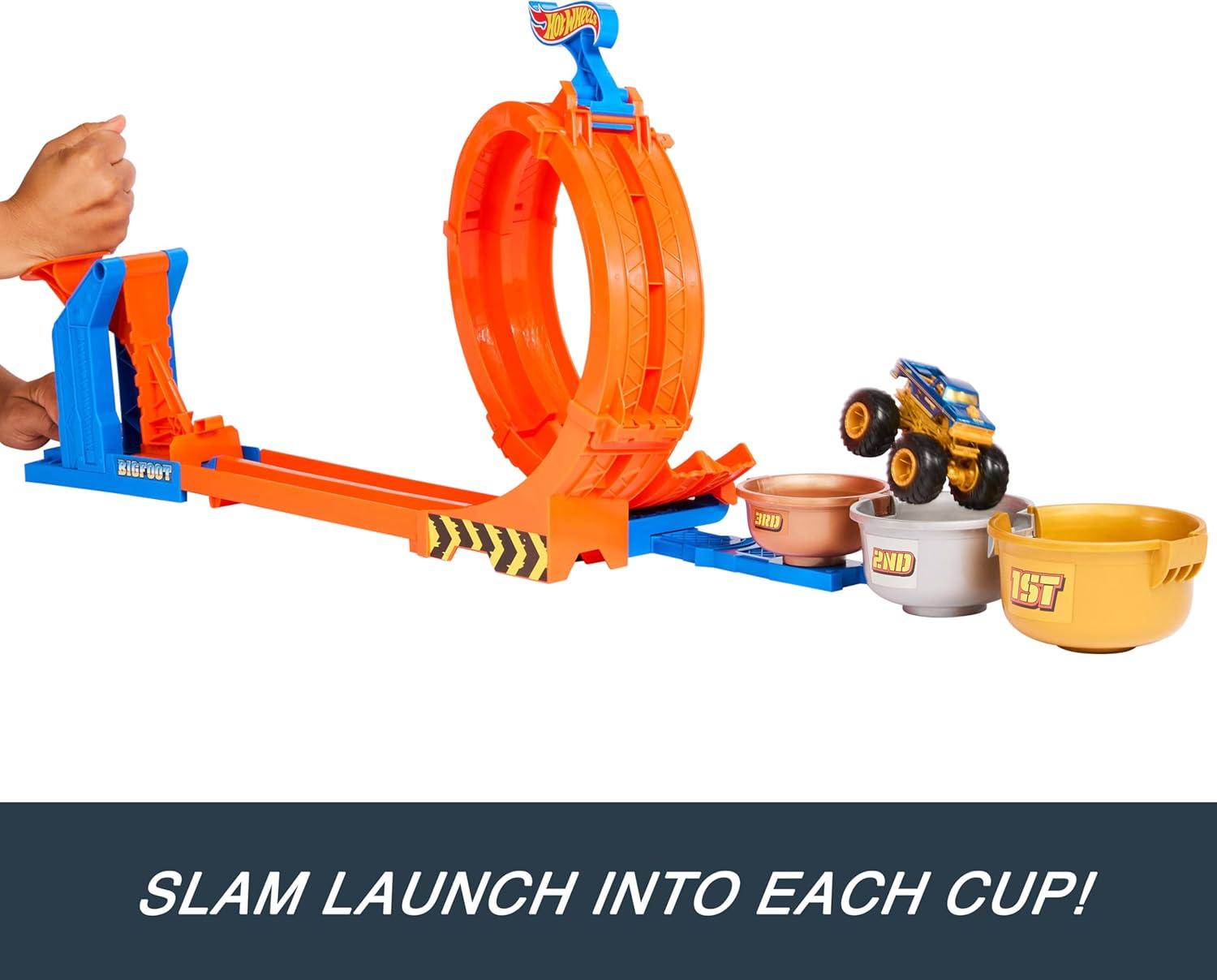 imageHot Wheels Monster Trucks Toy Truck amp Track Set LoopandFlip Trophy Challenge Playset amp 164 Scale 50th Anniversary DieCast Bigfoot 2 Ways to Play