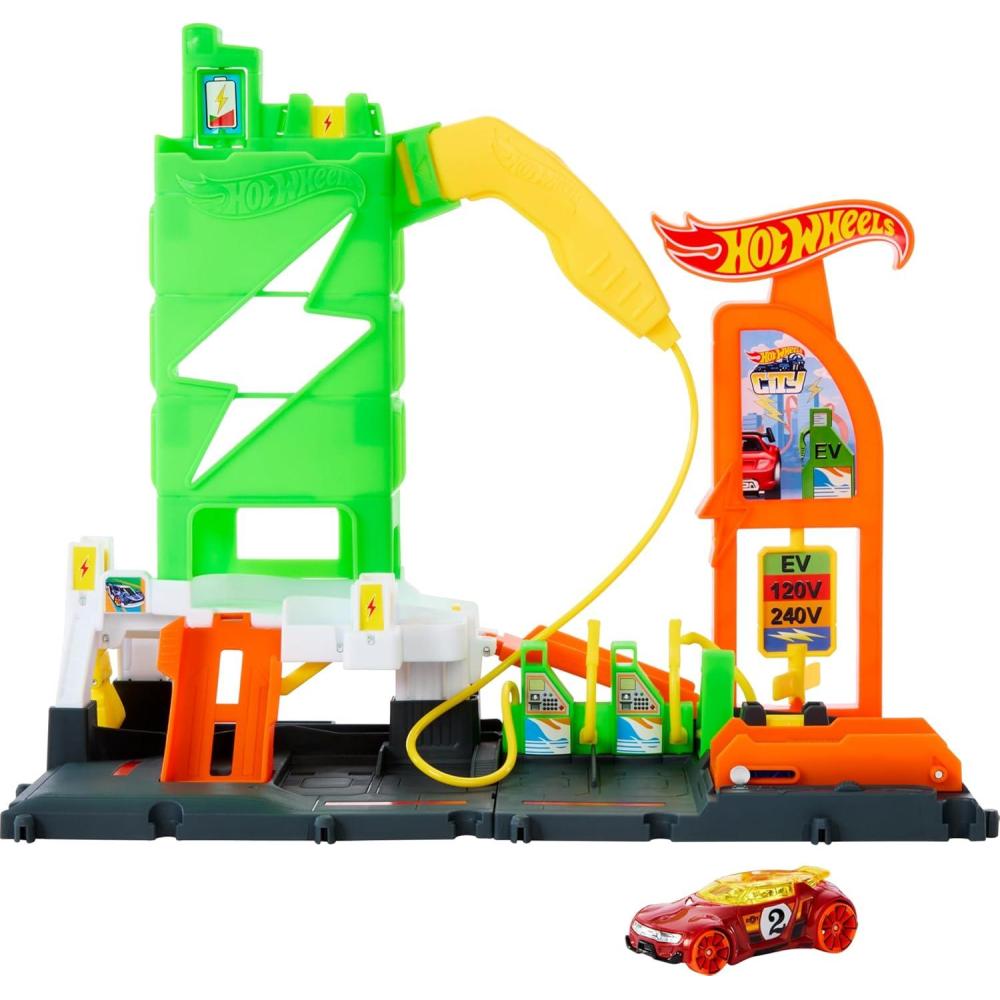 imageHot Wheels City Track Set Super Recharge Fuel Station Playset with EV Chargers amp 164 Scale Toy Car