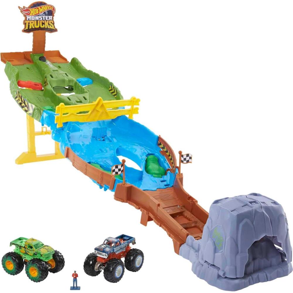imageHot Wheels Monster Trucks Playset with Monster Trucks Bigfoot amp Gunkster Convenient Storage Wreckin RacewayRaceway Playset