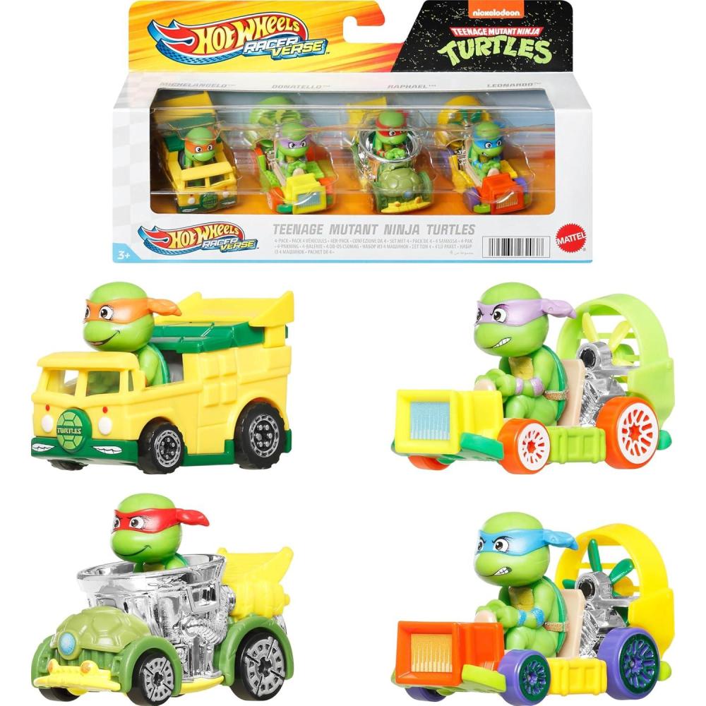 imageHot Wheels RacerVerse Set of 4 DieCars 164 Scale Toy Cars Optimized for Driving on Tracks with Pop Culture Characters as DriversTeenage Mutant Ninja Turtles