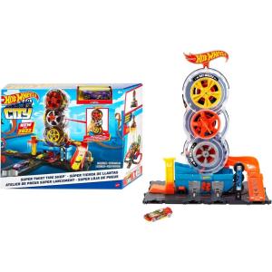 Hot Wheels City Super Twist Tire Shop Playset, Spin The Key to Make Cars Travel Through The Tires, Includes 1 Car, Gift for Kids 4 to 8 Years Old (Amazon Exclusive)(Translucent Box)