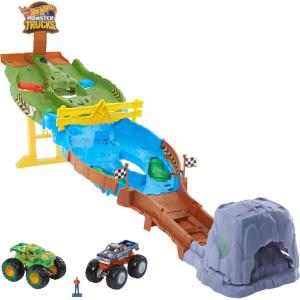 Hot Wheels Monster Trucks Playset with Monster Trucks Bigfoot & Gunkster, Convenient Storage, Wreckin’ Raceway(Raceway Playset)