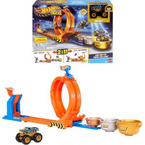 Hot Wheels Monster Trucks Toy Truck & Track Set, Loop-and-Flip Trophy Challenge Playset & 1:64 Scale 50th Anniversary Die-Cast Bigfoot, 2 Ways to Play