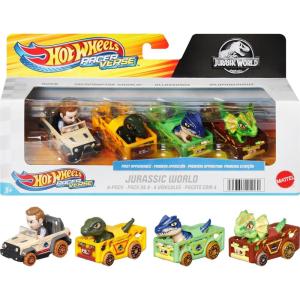 Hot Wheels RacerVerse, Set of 4 Die-Cars 1:64 Scale Toy Cars Optimized for Driving on Tracks with Pop Culture Characters as Drivers(Jurassic World)