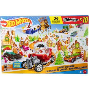Hot Wheels Toy Cars & Playset, 2025 Advent Calendar with 10 Vehicles in 1:64 Scale, 10 Ornament Clips & 14 Winter-Themed Accessories