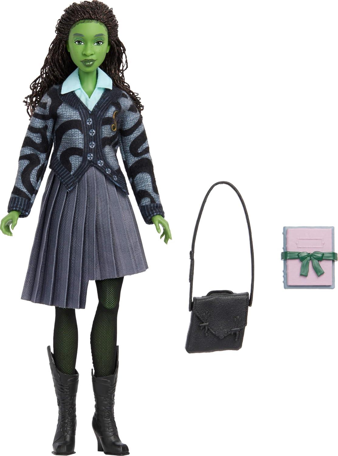imageMattel Universal Wicked Elphaba Fashion Doll amp Accessories with Green Skin Braided Black Hair Posability amp Removable School Uniform