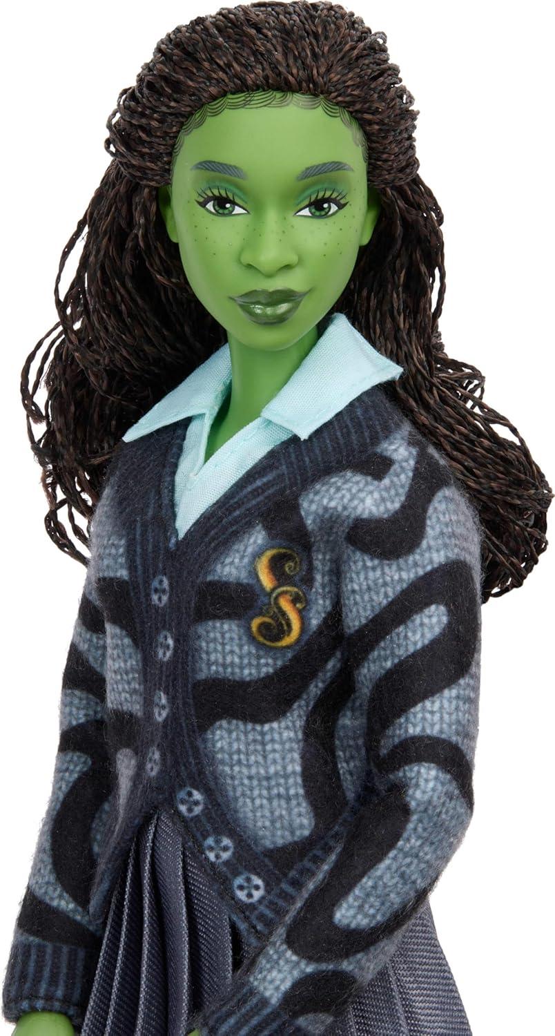 imageMattel Universal Wicked Elphaba Fashion Doll amp Accessories with Green Skin Braided Black Hair Posability amp Removable School Uniform