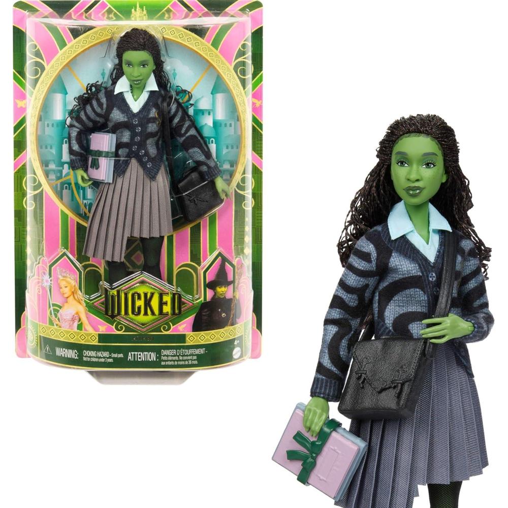 imageMattel Universal Wicked Elphaba Fashion Doll amp Accessories with Green Skin Braided Black Hair Posability amp Removable School Uniform