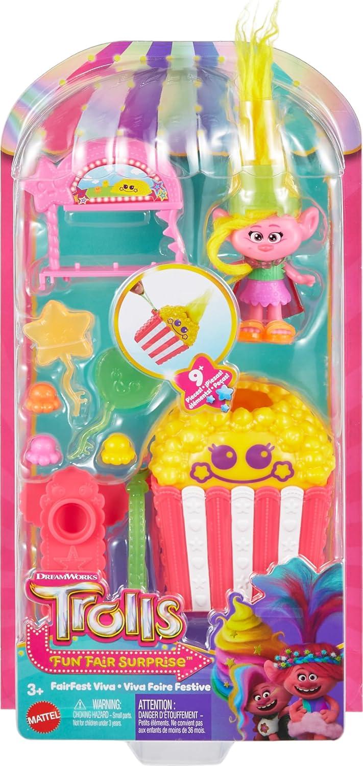 imageMattel DreamWorks Trolls Fun Fair Surprise FairFest Small Doll amp 10 Accessories Carnival Food Popcorn Theme with Queen PoppyViva