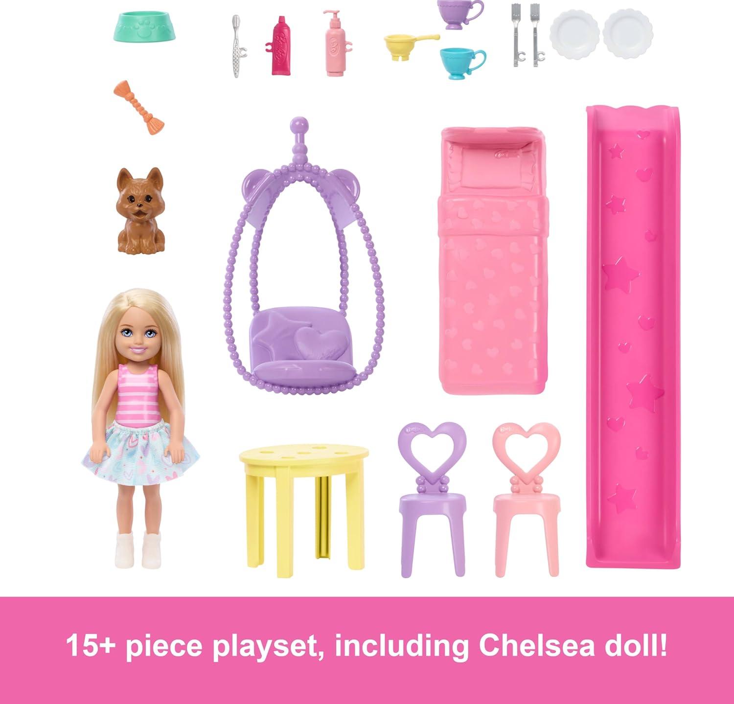 imageBarbie Chelsea Toy Dollhouse with 15 Accessories PopUp House Expands to 17 x 13 inches with 5 Play Areas amp Slide Includes Small Doll amp Pet Dog