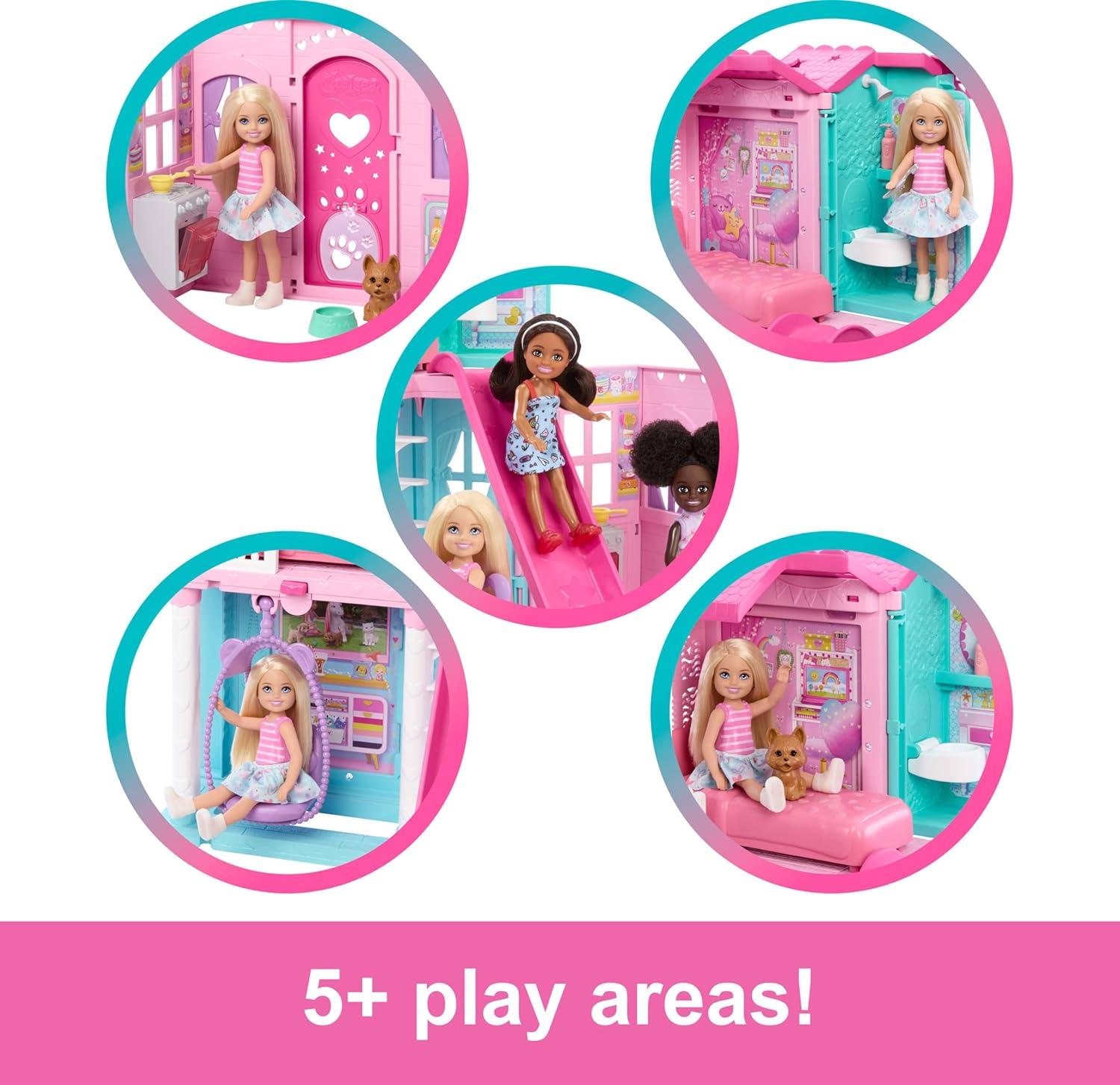imageBarbie Chelsea Toy Dollhouse with 15 Accessories PopUp House Expands to 17 x 13 inches with 5 Play Areas amp Slide Includes Small Doll amp Pet Dog