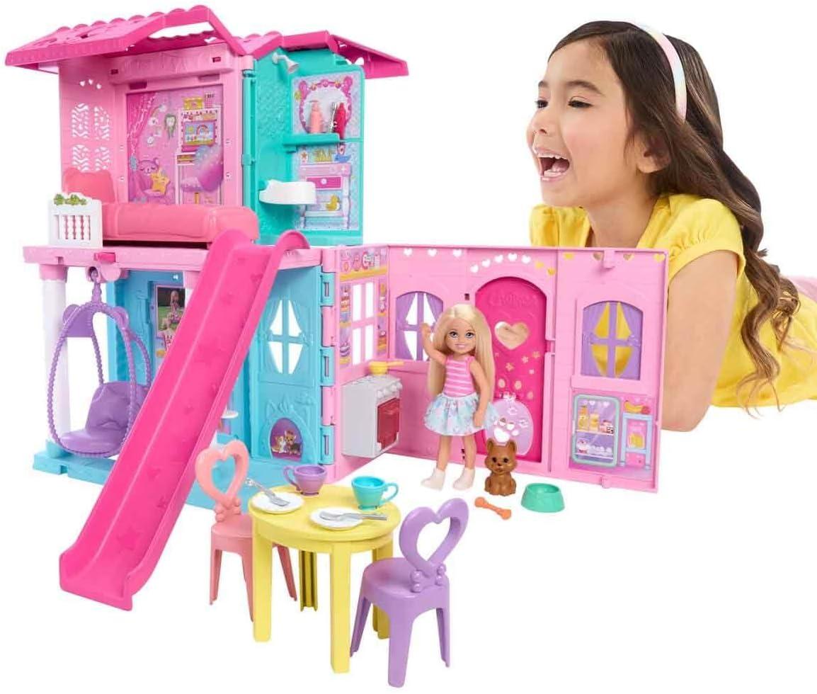 imageBarbie Chelsea Toy Dollhouse with 15 Accessories PopUp House Expands to 17 x 13 inches with 5 Play Areas amp Slide Includes Small Doll amp Pet Dog