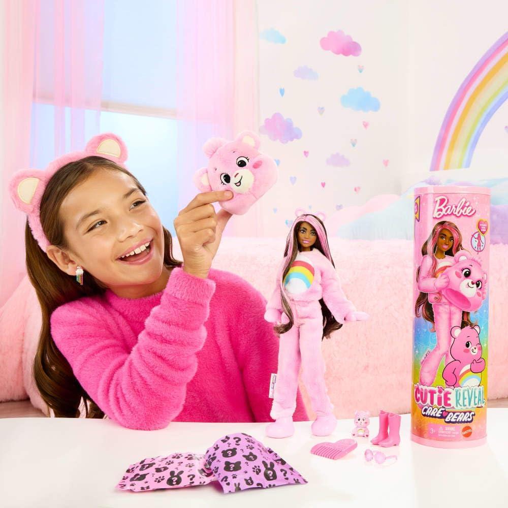 imageBarbie Cutie Reveal Care Bears Series Doll amp Accessories Set with Cheer Bear Plush Costume amp 10 Surprises Including Color Change amp Mini BearCheer Bear