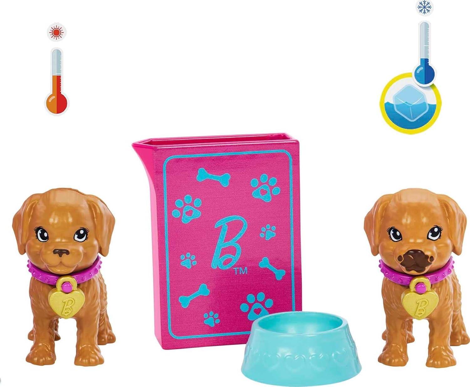 imageBarbie Doll amp Pets Set Blonde with Mommy Dog 3 Newborn Puppies with ColorChange Feature amp Pet AccessoriesAdopt a Pup Pink Dress