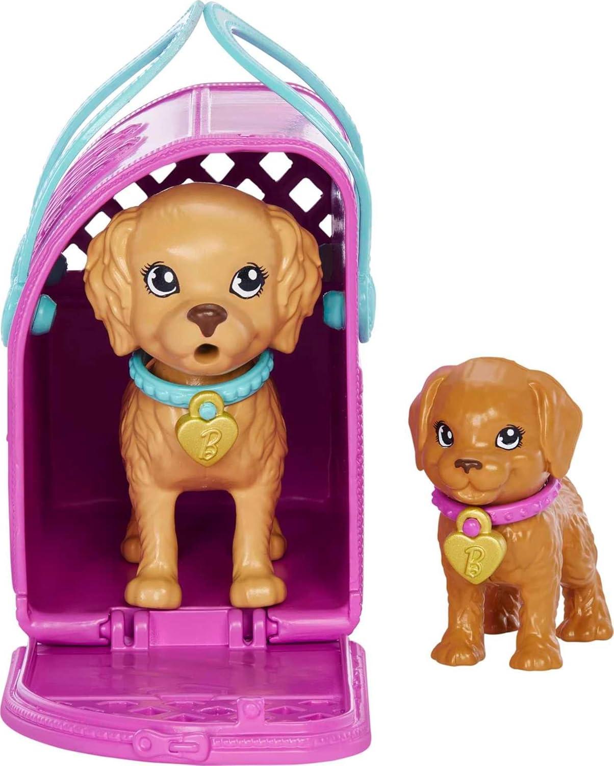 imageBarbie Doll amp Pets Set Blonde with Mommy Dog 3 Newborn Puppies with ColorChange Feature amp Pet AccessoriesAdopt a Pup Pink Dress