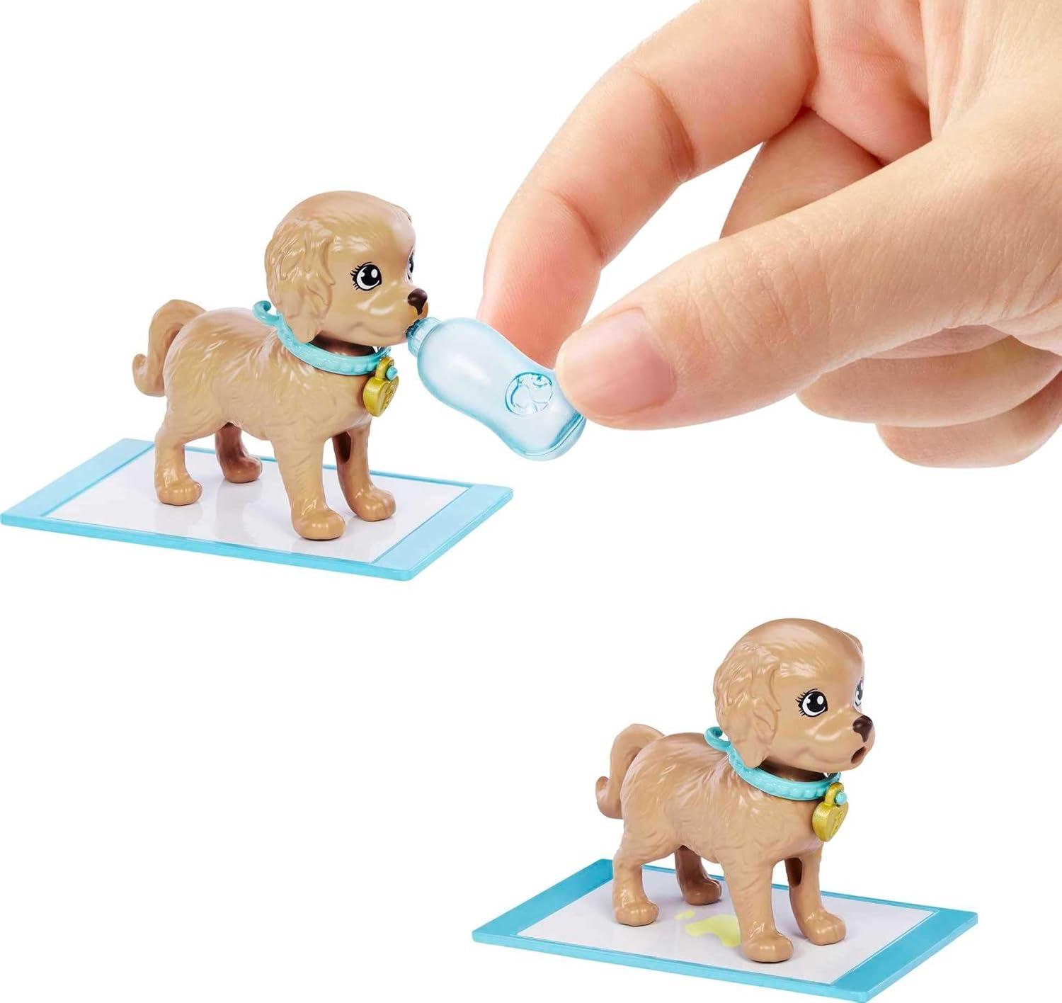 imageBarbie Doll amp Pets Set Blonde with Mommy Dog 3 Newborn Puppies with ColorChange Feature amp Pet AccessoriesAdopt a Pup Pink Dress