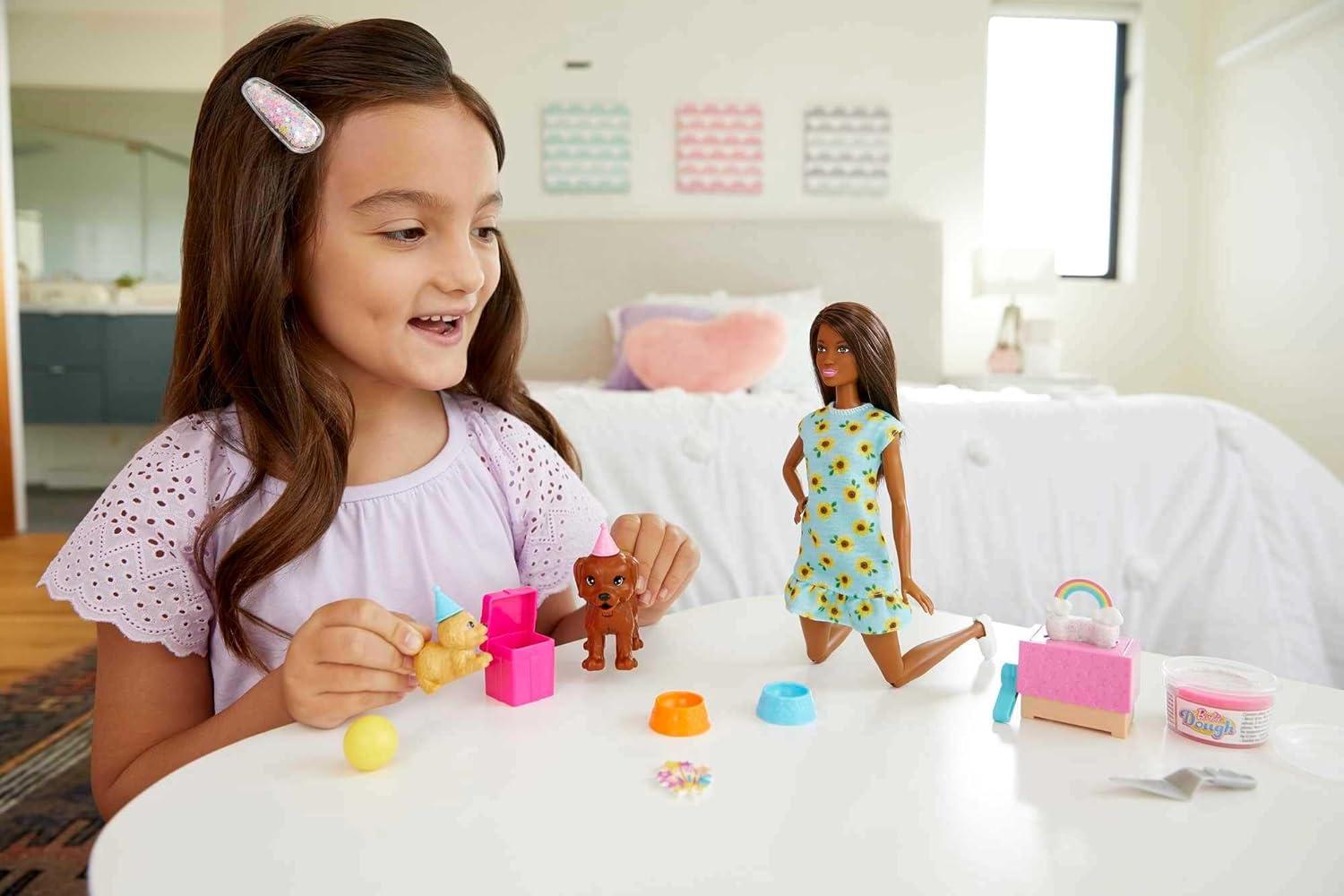 imageBarbie Doll amp Pets Set Blonde with Mommy Dog 3 Newborn Puppies with ColorChange Feature amp Pet AccessoriesPuppy Party Brunette