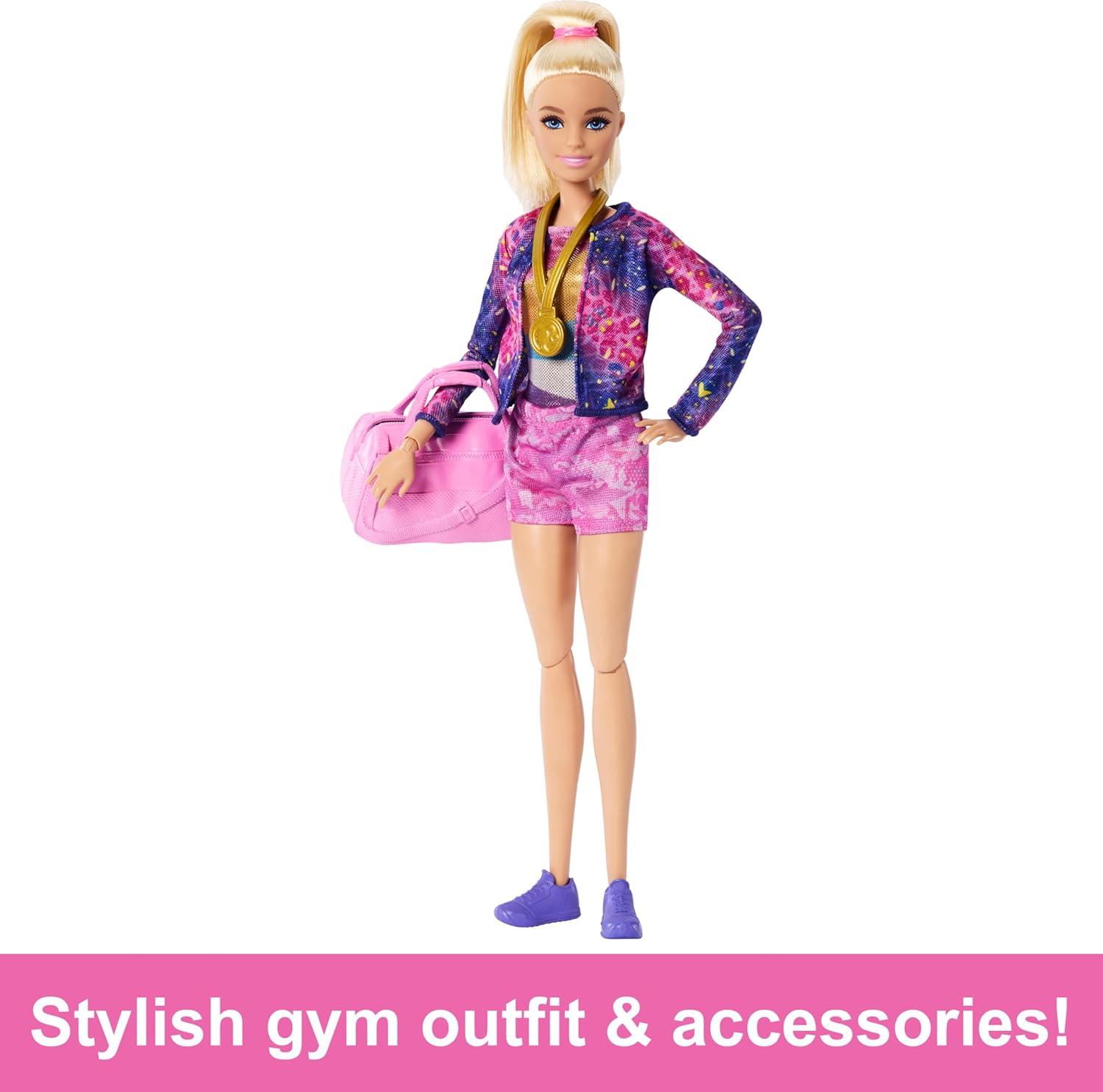 imageBarbie Gymnastics Doll amp Accessories Playset with Blonde Fashion Doll CClip for Flipping Action Balance Beam WarmUp Suit amp More