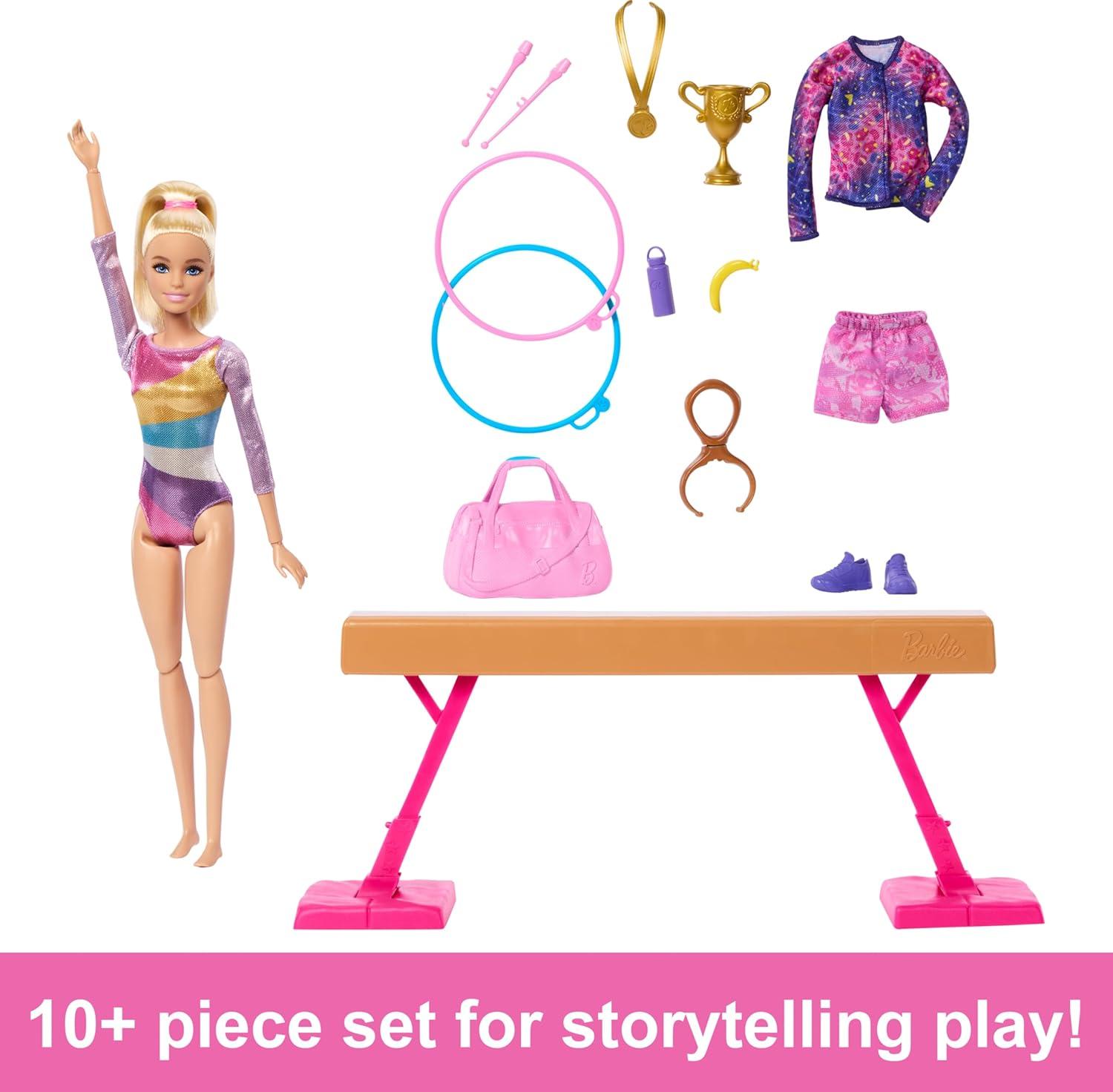 imageBarbie Gymnastics Doll amp Accessories Playset with Blonde Fashion Doll CClip for Flipping Action Balance Beam WarmUp Suit amp More