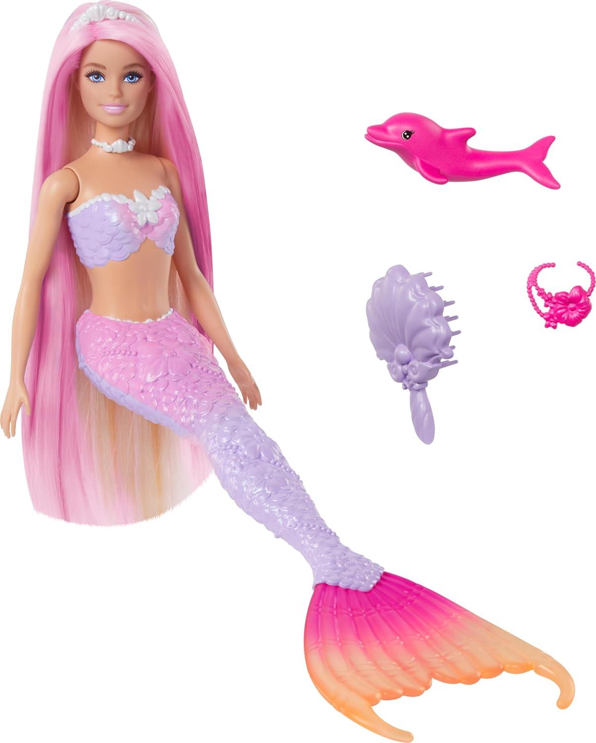imageBarbie Mermaid Doll Malibu with Pink Hair Styling Accessories Pet Dolphin and WaterActivated Color Change Feature Amazon ExclusiveMulticolor