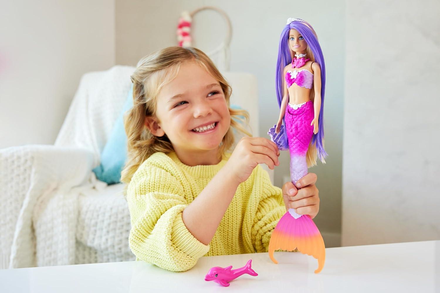 imageBarbie Mermaid Doll Malibu with Pink Hair Styling Accessories Pet Dolphin and WaterActivated Color Change Feature Amazon ExclusiveMulticolor