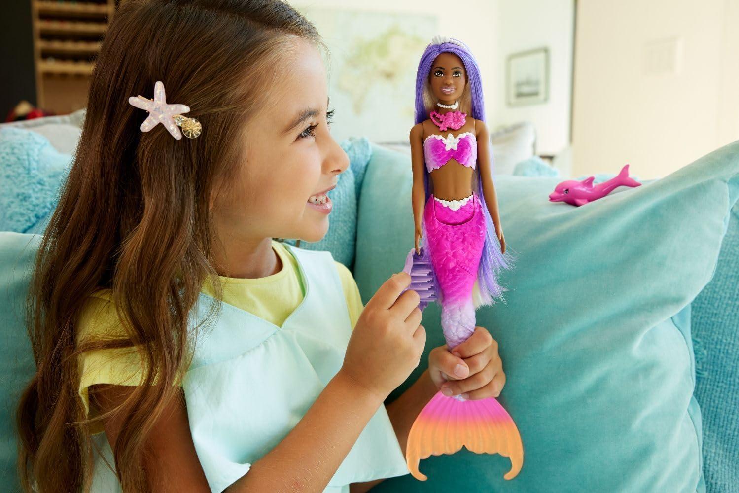 imageBarbie Mermaid Doll Malibu with Pink Hair Styling Accessories Pet Dolphin and WaterActivated Color Change Feature Amazon ExclusiveMulticolour