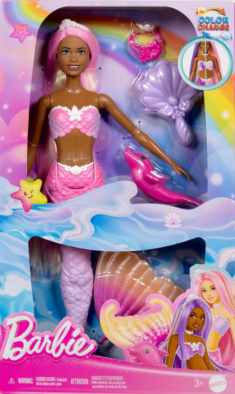 imageBarbie Mermaid Doll Malibu with Pink Hair Styling Accessories Pet Dolphin and WaterActivated Color Change Feature Amazon ExclusiveMulticolour