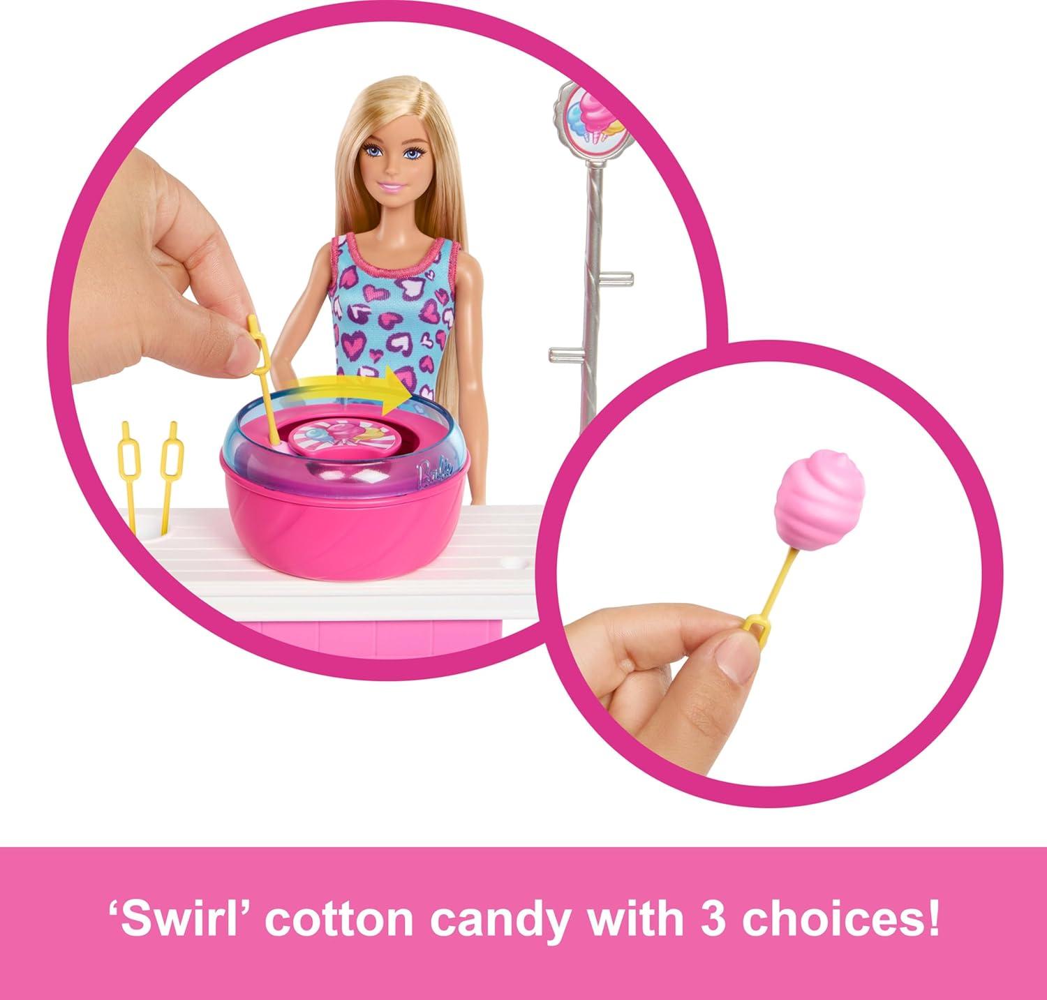 imageBarbie Mysteries Beach Detectives Malibu Doll amp Cotton Candy Game Booth Playset with 20 Accessories Including Prizes