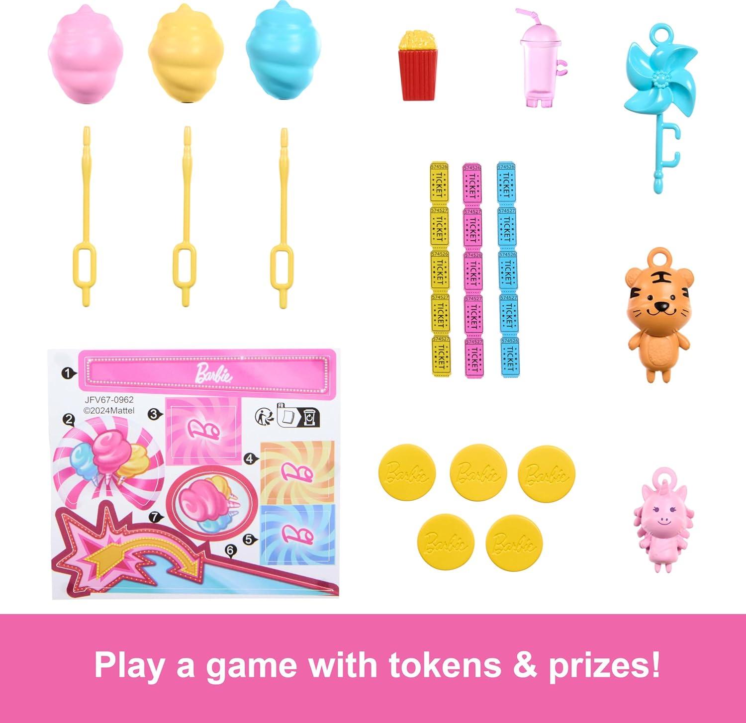 imageBarbie Mysteries Beach Detectives Malibu Doll amp Cotton Candy Game Booth Playset with 20 Accessories Including Prizes